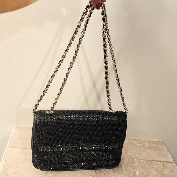 VTG Whiting & Davis Black Liquid‎ Metal Mesh Bag Gold Chain 70s - Picture 8 of 11